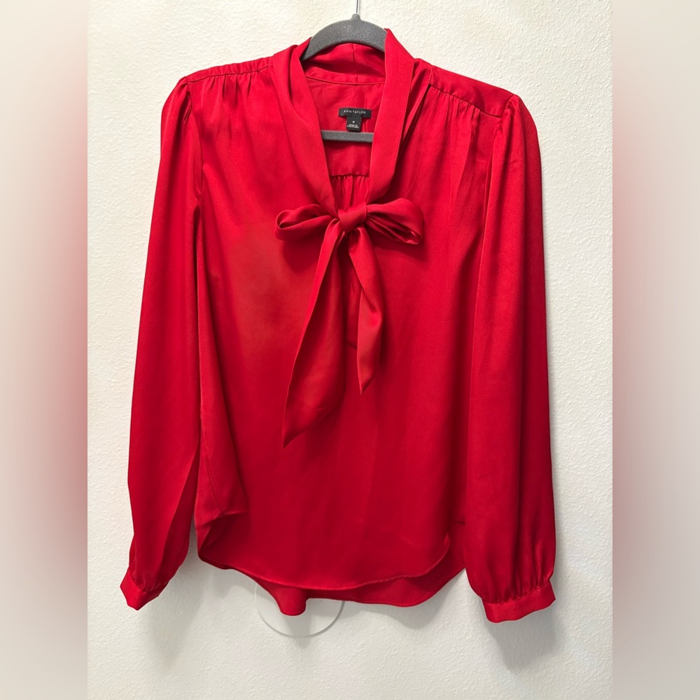 Ann Taylor Red Tie-Neck Long Sleeve Blouse
